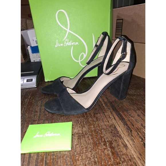 New 10.5M Sam Edelman Robyn Black Suede Chunky High Heel Ankle Strap Dress Shoes - Picture 1 of 6